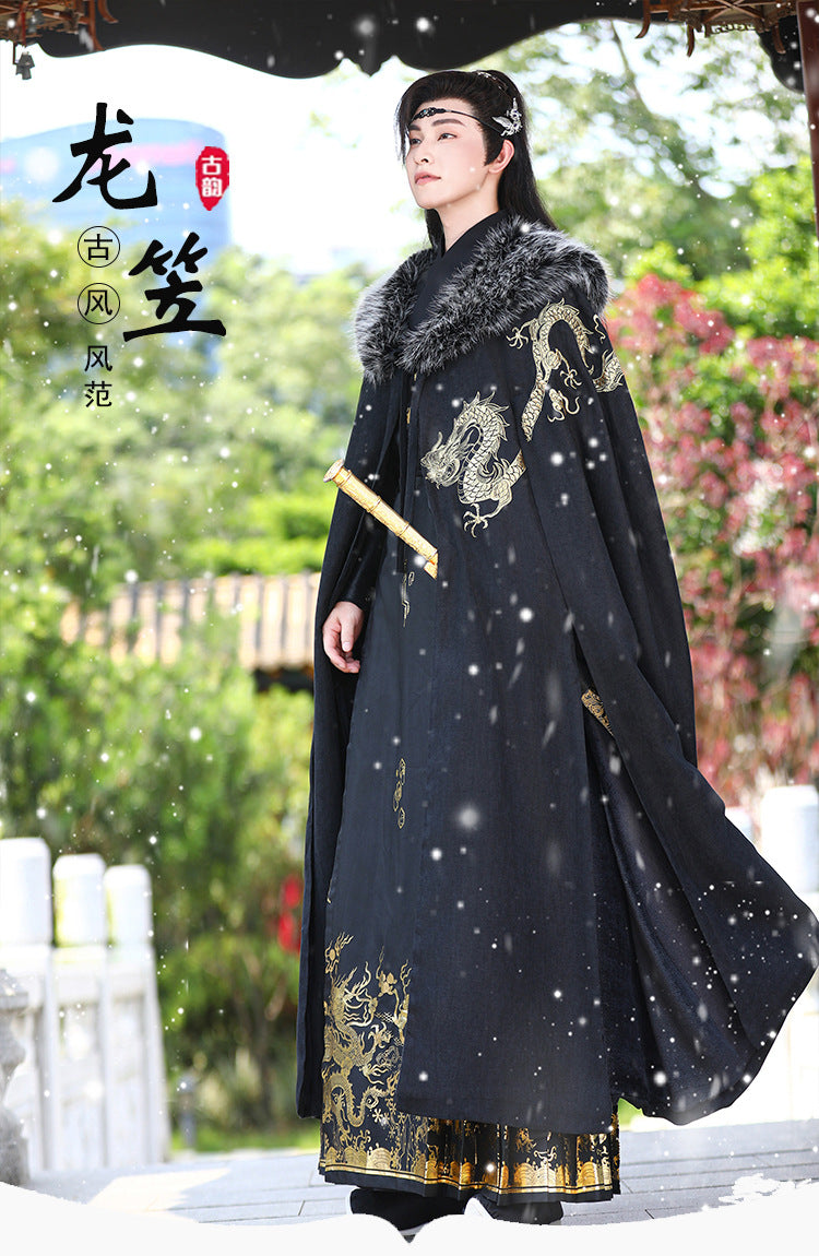 Men's Fleece-Lined Fur Collar Cloak New Chinese Style Winter Hanfu