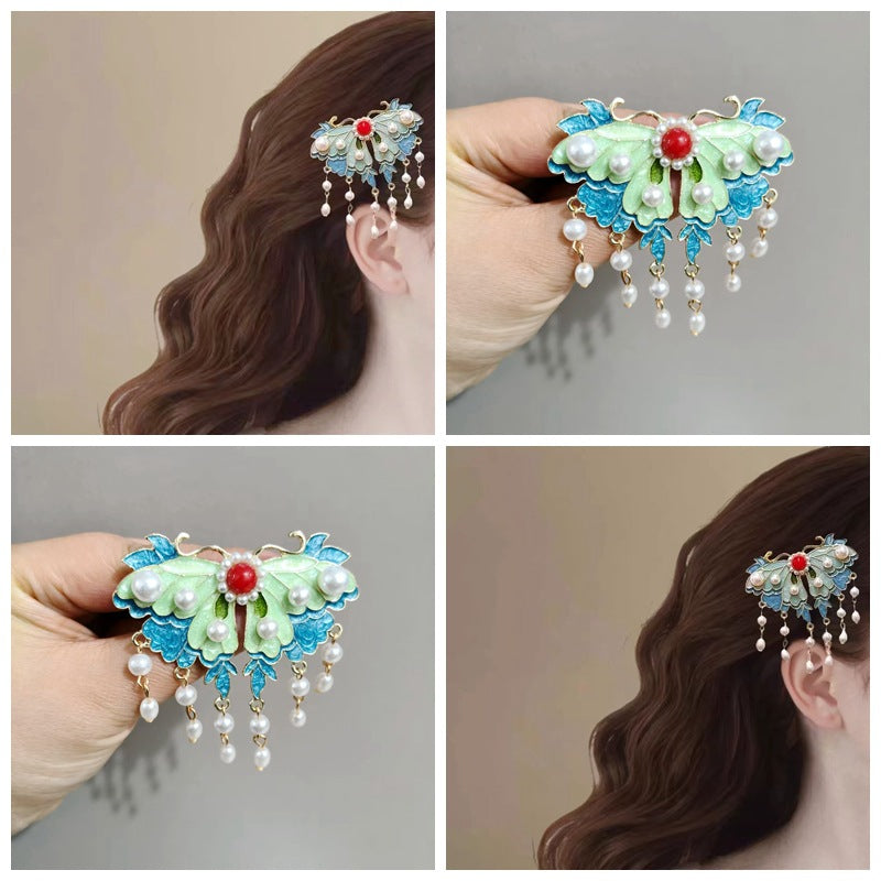 Blue Enamel Hair Clip Chinese Style Pearl Tassel Butterfly Hairpin