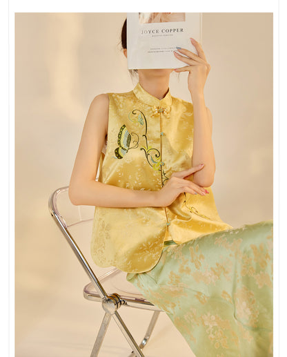 High-End Embroidery Stand Collar Vest & Jacquard Mermaid Skirt