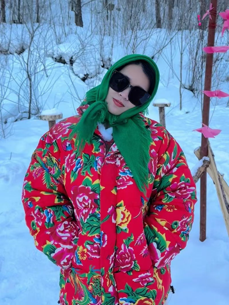 Festive Northeast Large Floral Cotton Jacket Loose Winter Coat
