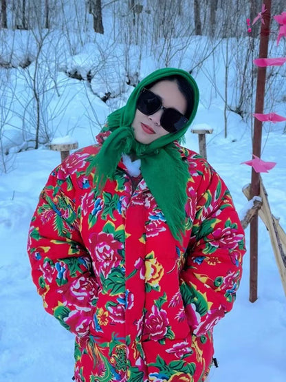 Festive Northeast Large Floral Cotton Jacket Loose Winter Coat