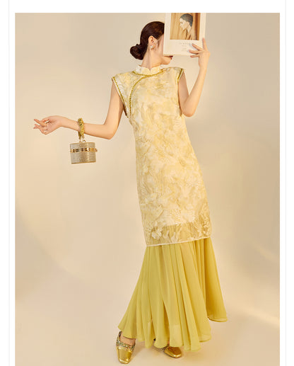 New Chinese Style Printed Cheongsam | Autumn Elegant Beaded Dress