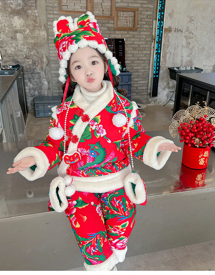 Northeast Floral Girls Padded Jacket Winter Rabbit Ear Four-Piece