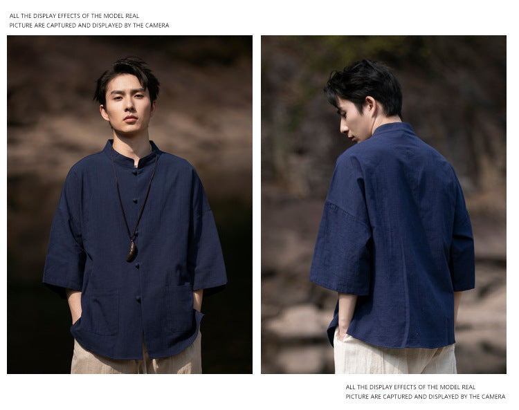 Summer Chinese Cotton Linen Shirt Men Casual Thin Youth Trend Top