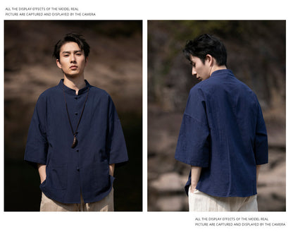 Summer Chinese Cotton Linen Shirt Men Casual Thin Youth Trend Top