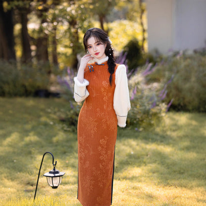 2025 Winter Chenille Fleece Long Cheongsam Patchwork New Chinese Style