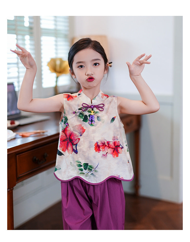 Retro Republic Style Girls Two-Piece — Improved Shirt & Pants Set