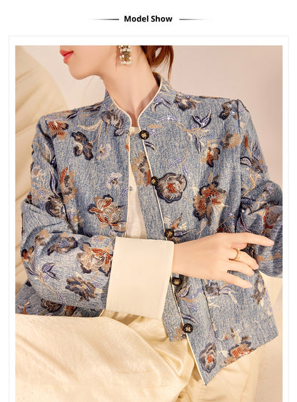 New Chinese Style Denim Jacket | Sequin Embroidery Elegant National Top