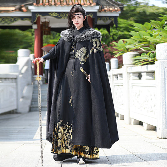 Men's Fleece-Lined Fur Collar Cloak New Chinese Style Winter Hanfu