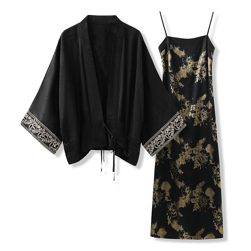 Summer New Chinese Printed Rayon Shirt & Strap Dress Set