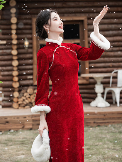 2025 New Improved Qipao – Warm Red High-End Autumn Winter Style