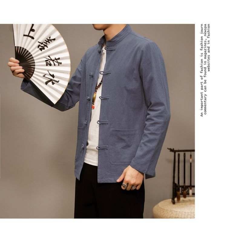 Men’s Chinese Style Cotton Linen Tang Shirt Long Sleeve Casual Retro
