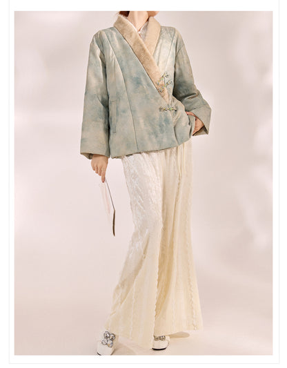 New Chinese Style Feather Collar Embroidered Cotton Jacket for Women