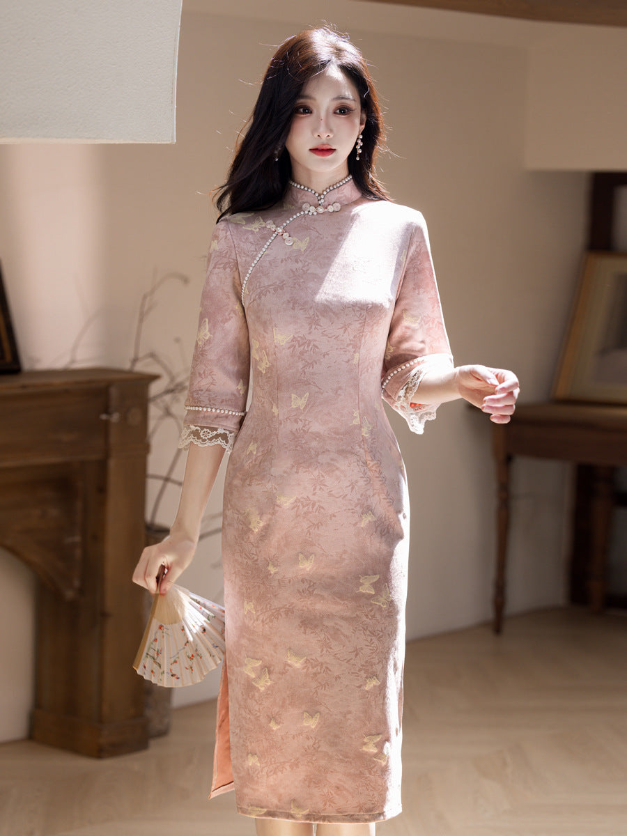 Republic of China Style Pink Cheongsam – Autumn Youth Dress