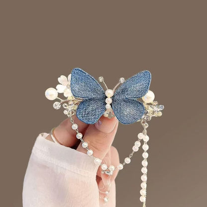 Blue Enamel Hair Clip Chinese Style Pearl Tassel Butterfly Hairpin