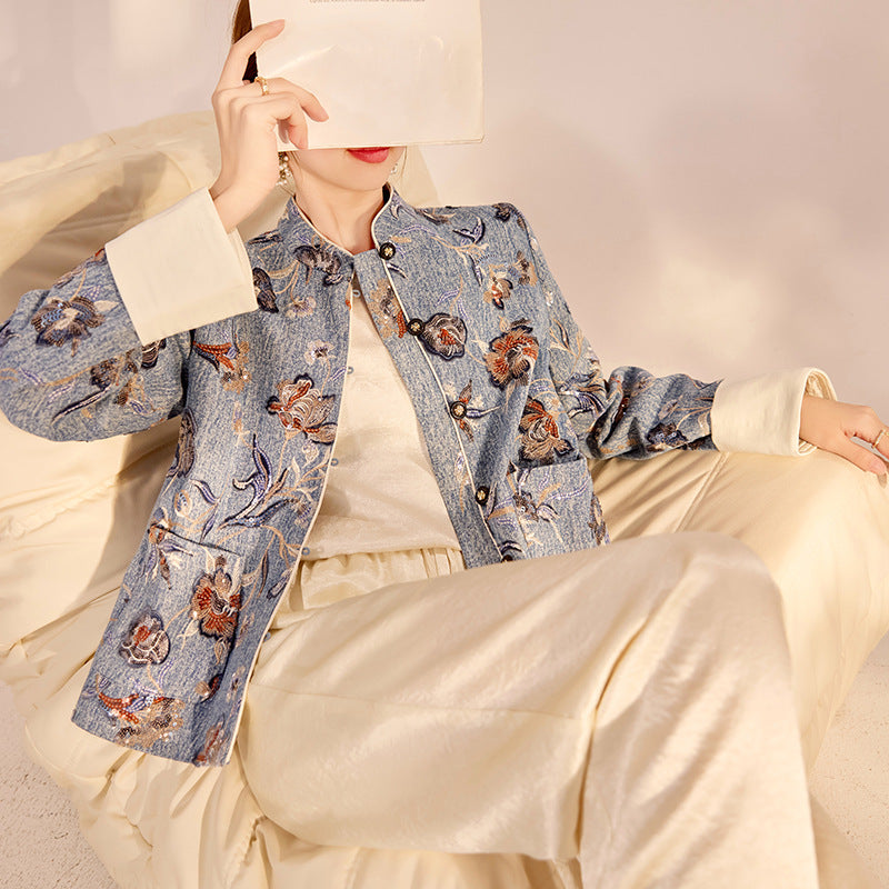 New Chinese Style Denim Jacket | Sequin Embroidery Elegant National Top