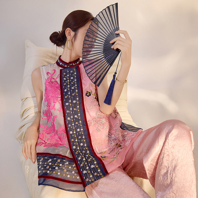 2026 New Chinese Embroidered Colorblock Mulberry Silk Vest Top