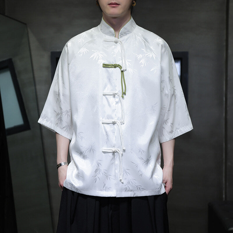 Summer Chinese Style Ice Silk Jacquard Tang Shirt Mens Stand Collar Top