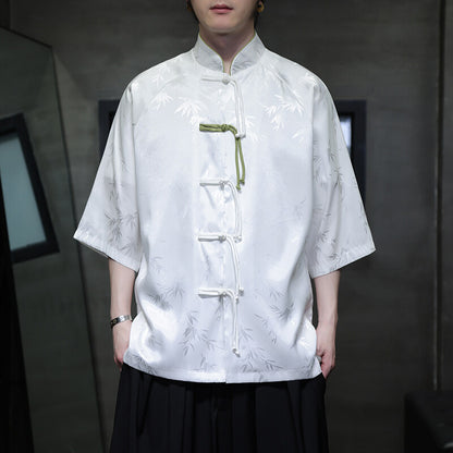 Summer Chinese Style Ice Silk Jacquard Tang Shirt Mens Stand Collar Top