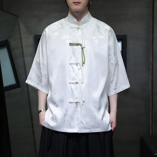 Summer Chinese Style Ice Silk Jacquard Tang Shirt Mens Stand Collar Top