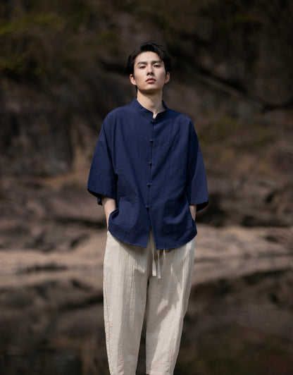 Summer Chinese Cotton Linen Shirt Men Casual Thin Youth Trend Top