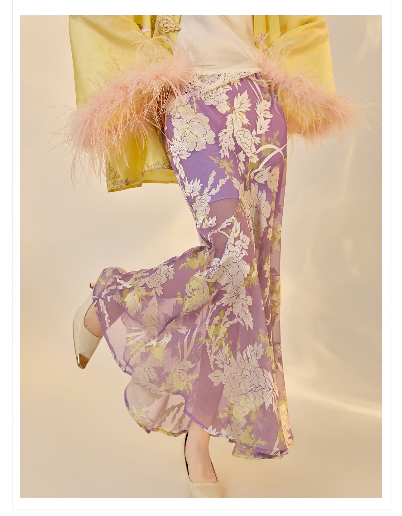 New Chinese Embroidered Feather Sleeve Patchwork Top & Skirt Set