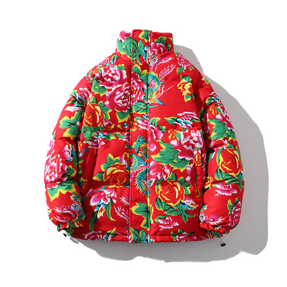 Festive Northeast Large Floral Cotton Jacket Loose Winter Coat