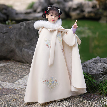 Girls' Winter Hanfu Cloak with Fur Collar Hooded Fairy Cape