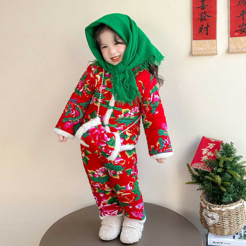 Winter Girls Floral Jacket & Pants Thickened Two-Piece Set