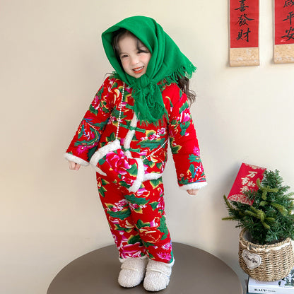 Winter Girls Floral Jacket & Pants Thickened Two-Piece Set