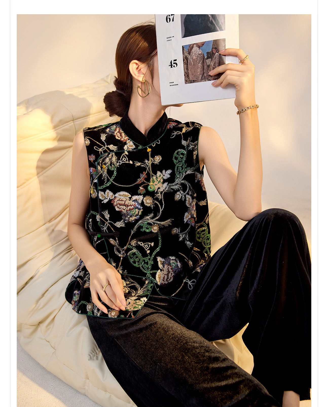 Elegant Velvet Floral Sequin Vest – High-End Women's Fashion