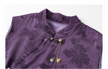 2026New Chinese Style Super Beautiful Purple Printed Rayon Vest and Skirt Early Autumn Set for Women