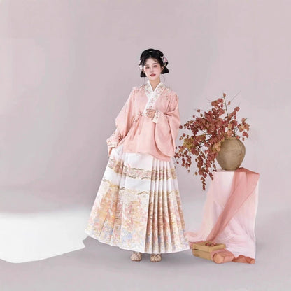 Han-Yang Mixed Hanfu Set 2025 New Ming Style Pipa Sleeve Brocade Horse Face Skirt
