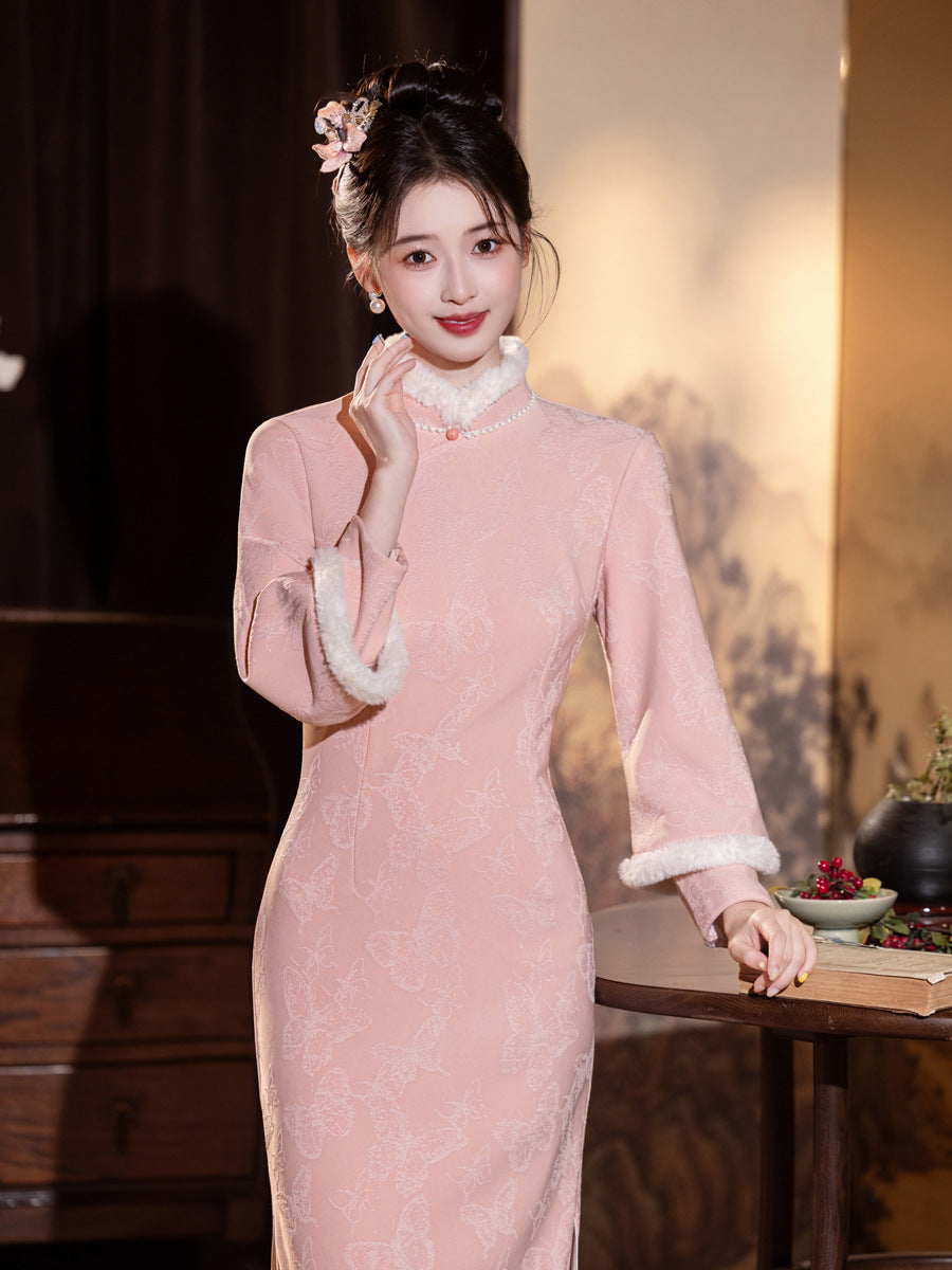 Elegant Thickened Winter Cheongsam – Retro Chinese Style Dress