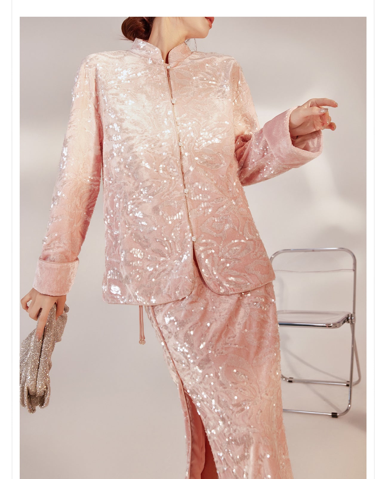 New Chinese Satin Floral Sequin Button Light Luxury Loose Coat