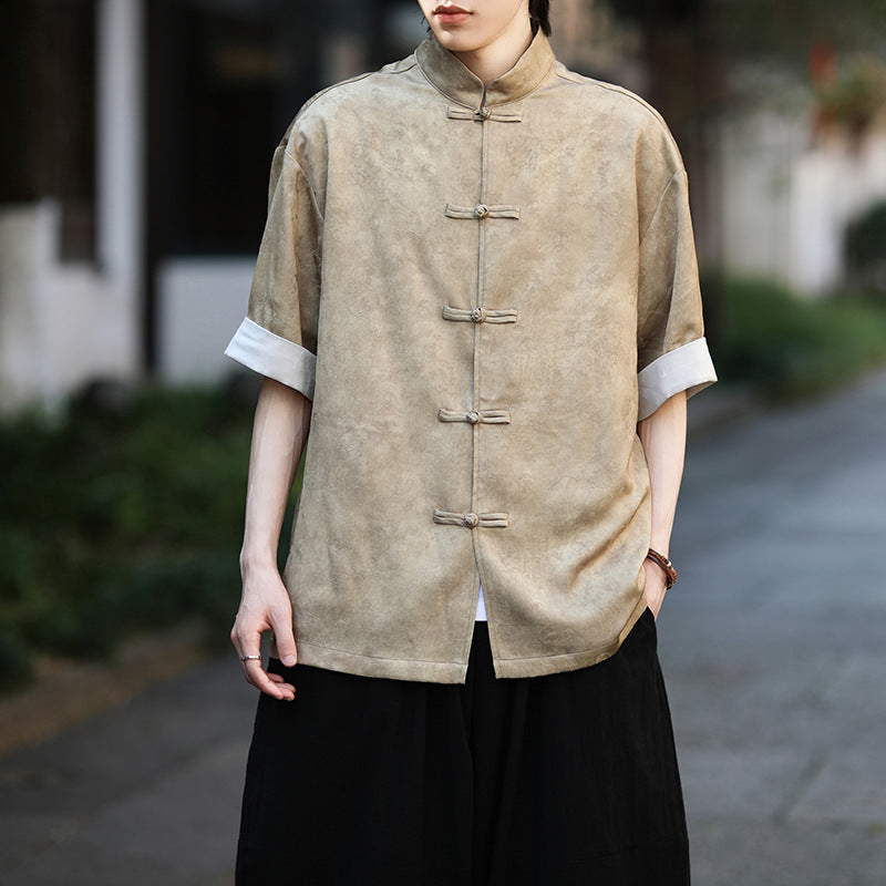 Summer Chinese Tang Suit Shirt Mens Stand Collar Short Sleeve Hanfu
