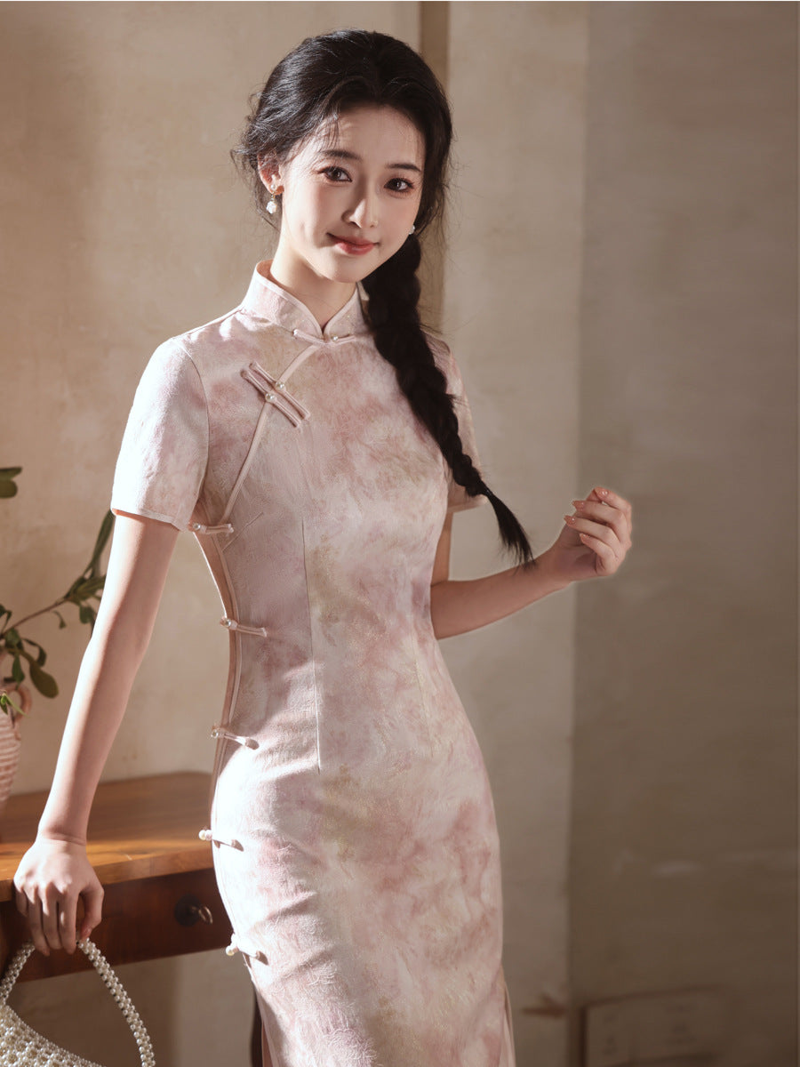 National Style Long Cheongsam – Elegant Short Sleeve Dress