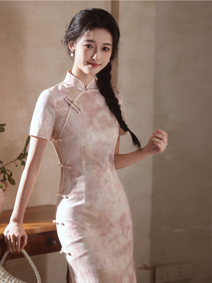 National Style Long Cheongsam – Elegant Short Sleeve Dress