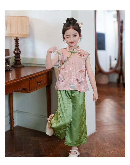 Retro Chinese Style Girls Two-Piece — Summer Cheongsam Top & Skirt