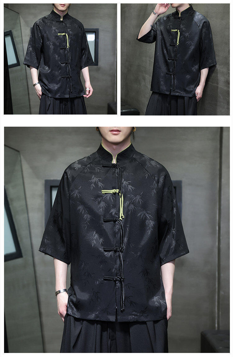 Summer Chinese Style Ice Silk Jacquard Tang Shirt Mens Stand Collar Top