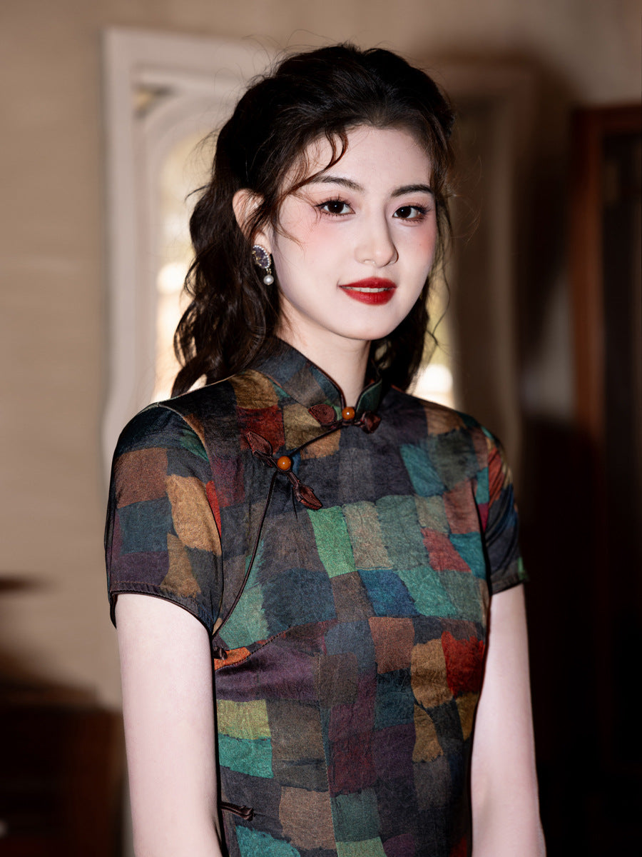 High-End Summer Cheongsam – Plaid Short Sleeve Elegant Dress