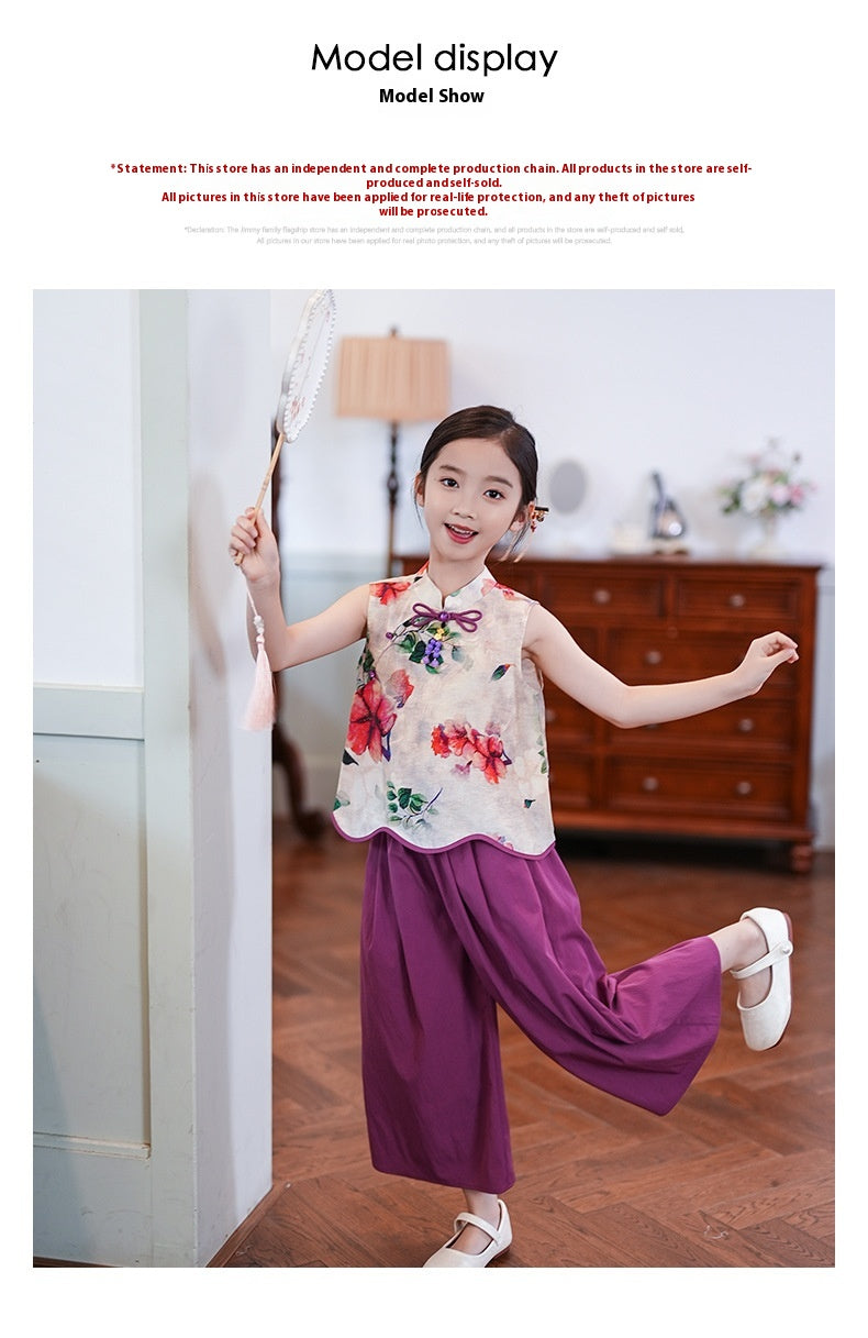 Retro Republic Style Girls Two-Piece — Improved Shirt & Pants Set