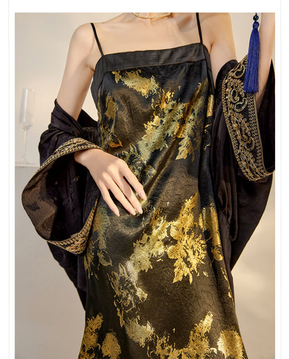 Summer New Chinese Printed Rayon Shirt & Strap Dress Set