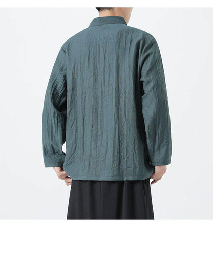 Chinese Style Mens Slanted Collar Hanfu Shirt Long Sleeve Tea Dress