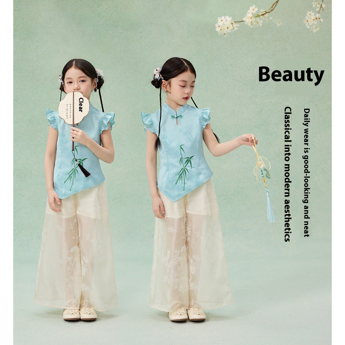 Children’s Chinese Summer Set — Shirt Top & Loose Wide-Leg Pants