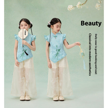 Children’s Chinese Summer Set — Shirt Top & Loose Wide-Leg Pants