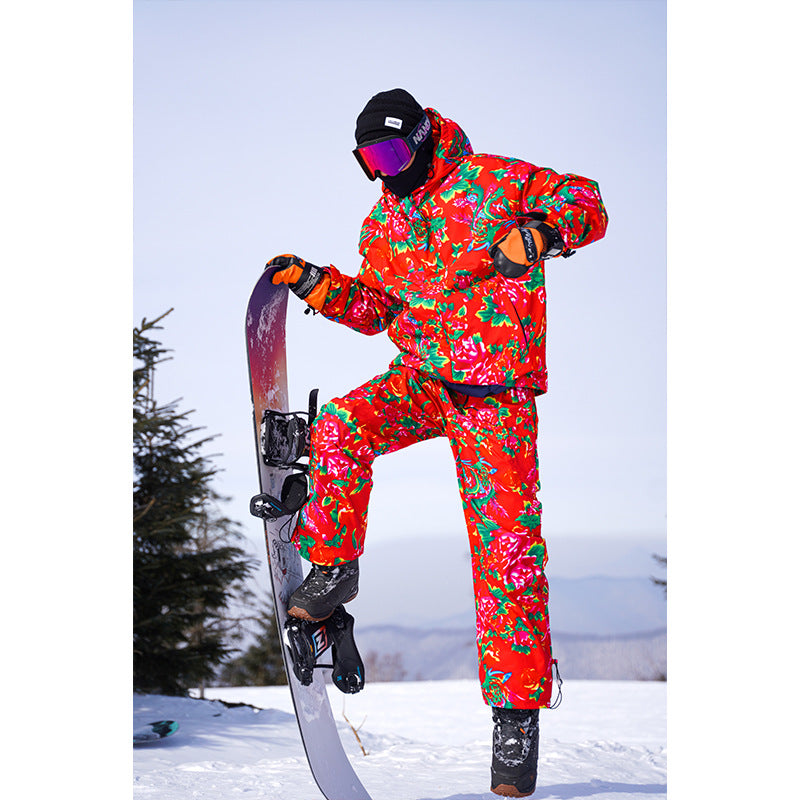 Men's Winter Ski Jacket Printed Floral Plus Size Warm Cotton Suit