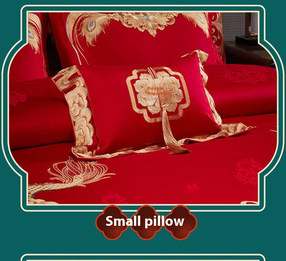 Luxury Red Cotton Wedding Bedding 4-Piece Embroidered Set