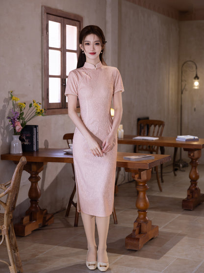 Retro Lace Qipao – Pink Elegant New Chinese Style Dress