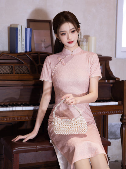 Retro Lace Qipao – Pink Elegant New Chinese Style Dress